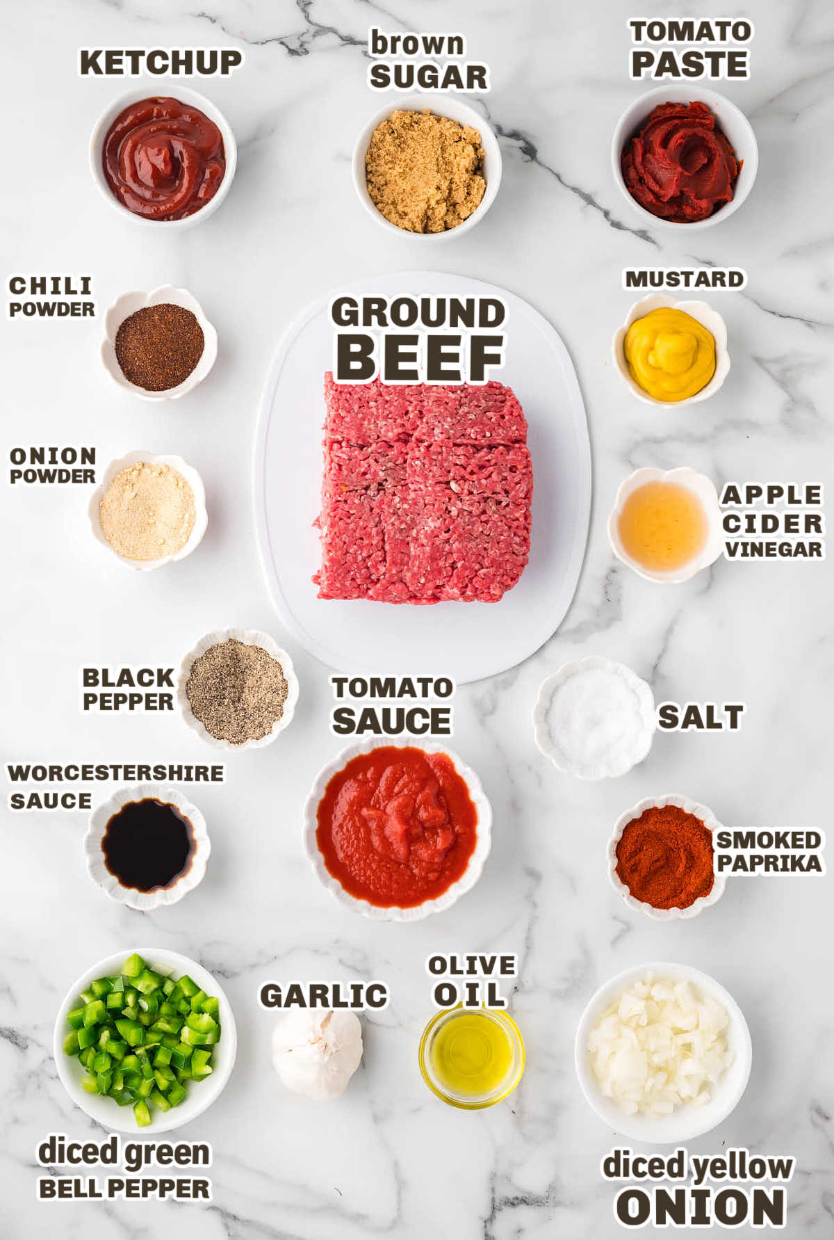 Ingredients needed to make homemade Sloppy Joes. 