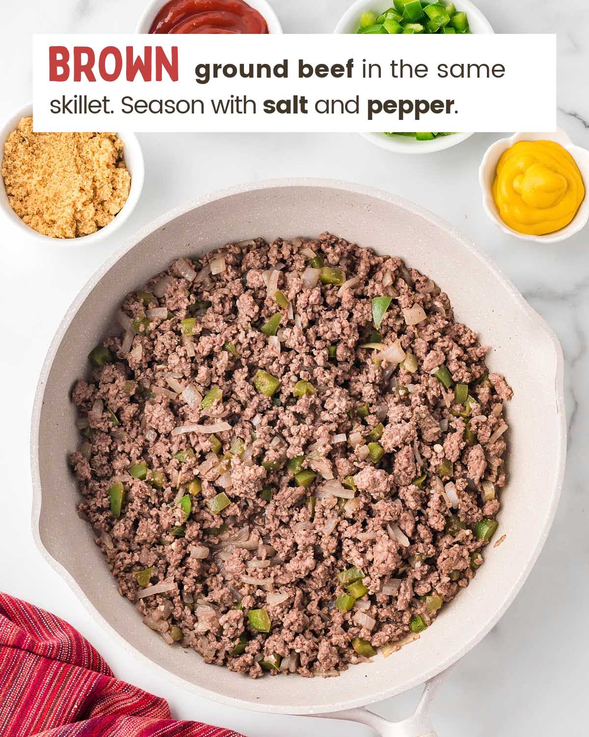 Ground beef mixture in a skillet.