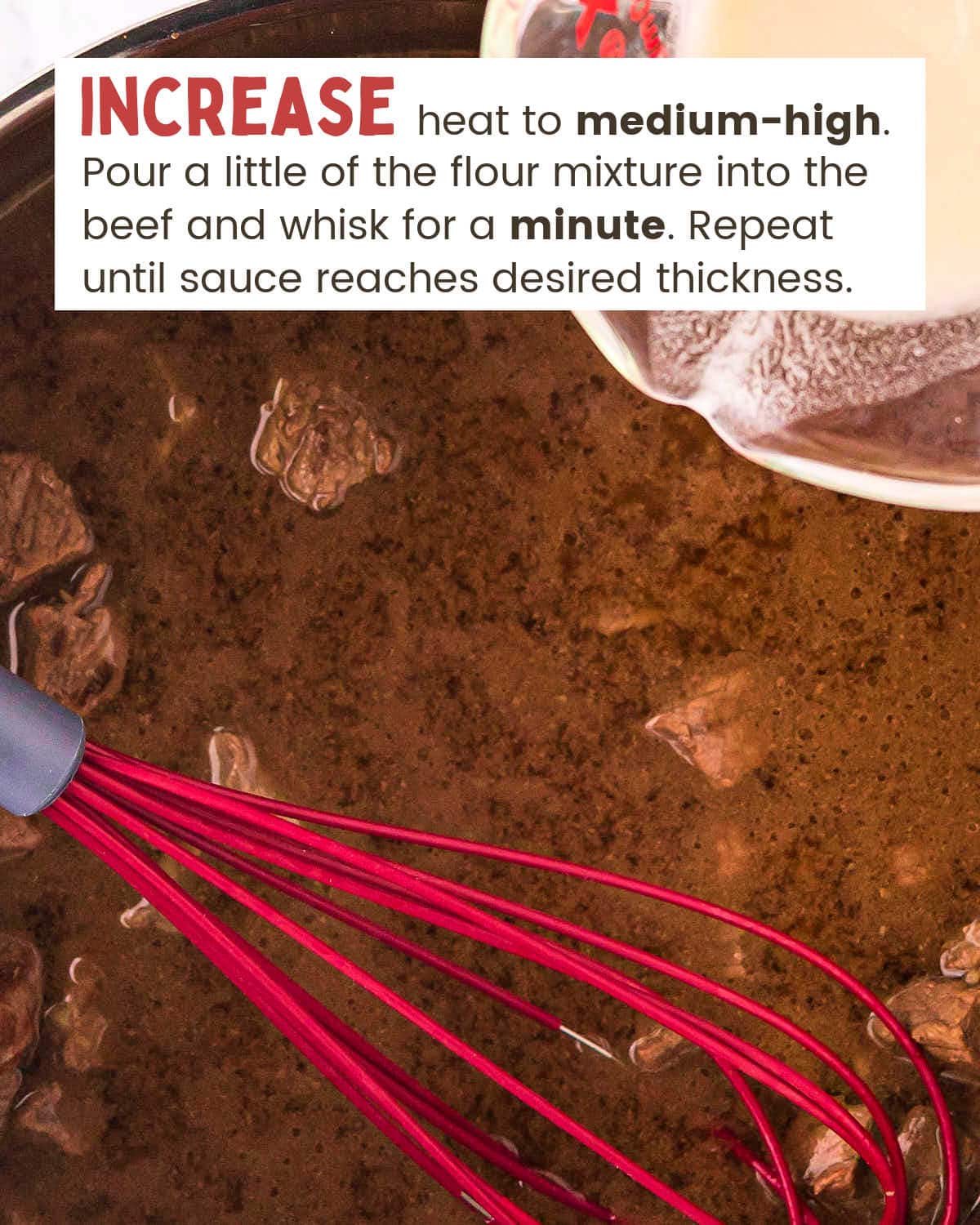 Flour and water mixture is being poured into a pot with steak pieces in broth with a whisk.