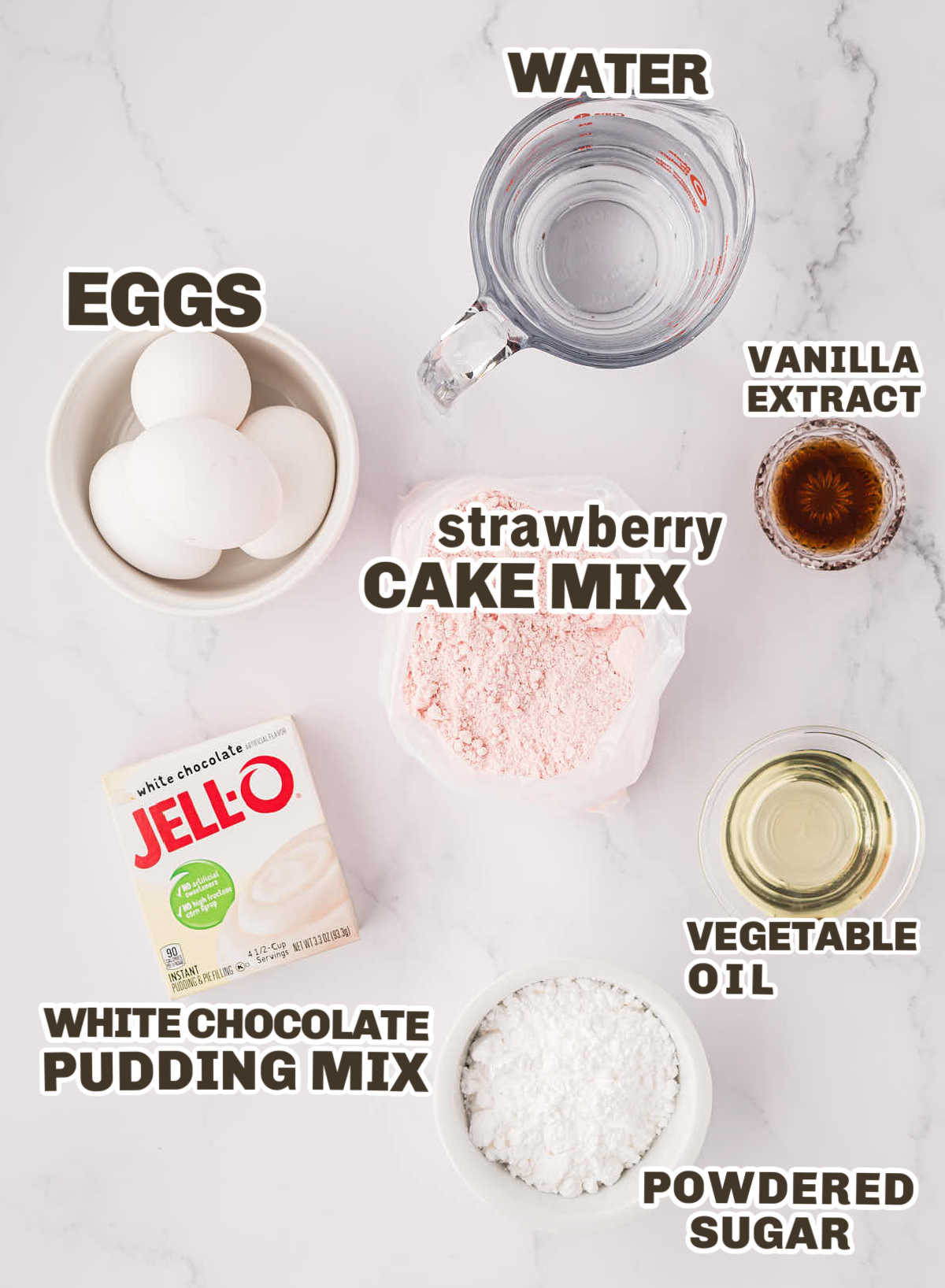 Ingredients needed to make Strawberry Bundt Cake. 