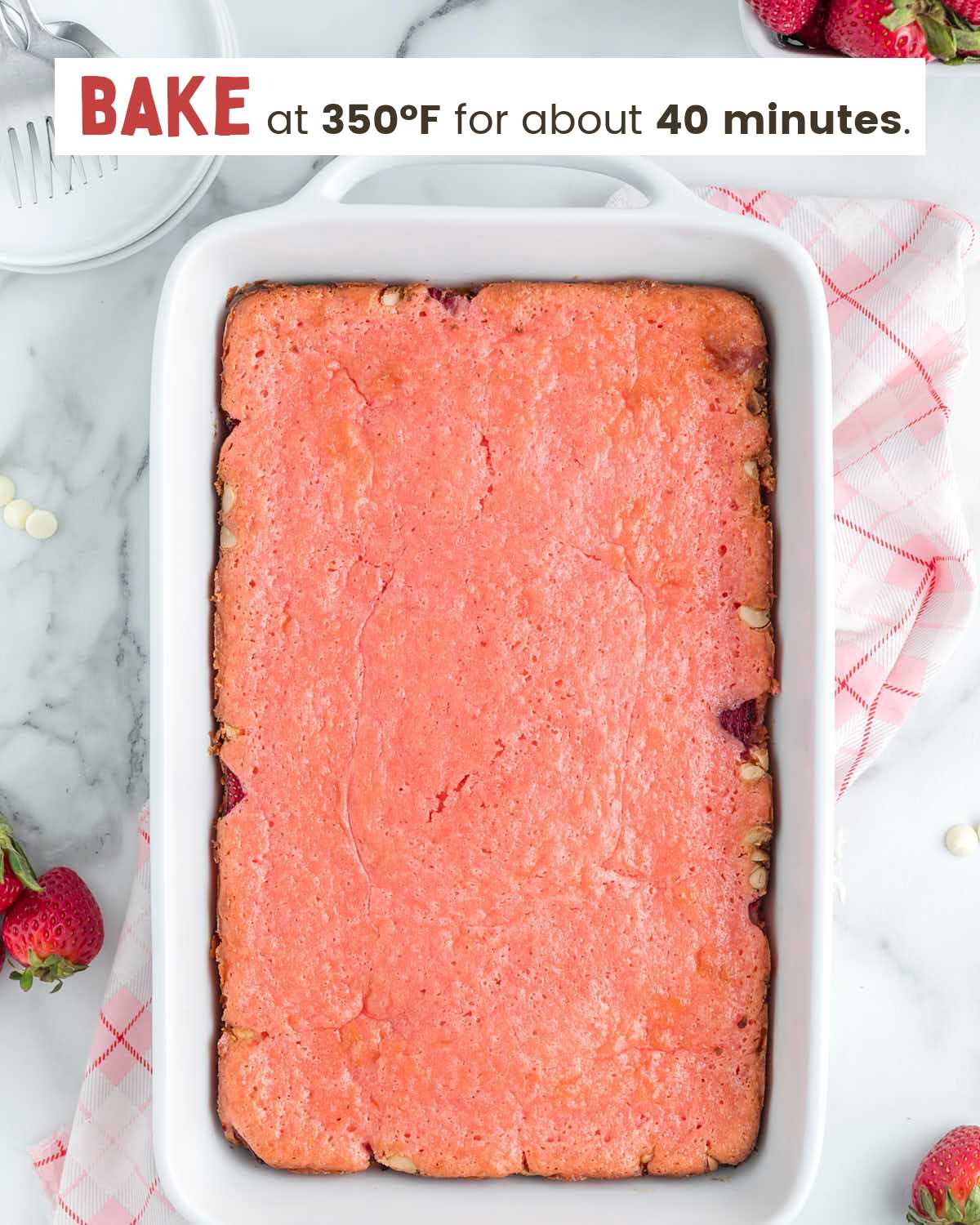 Strawberry earthquake cake in a baking dish.
