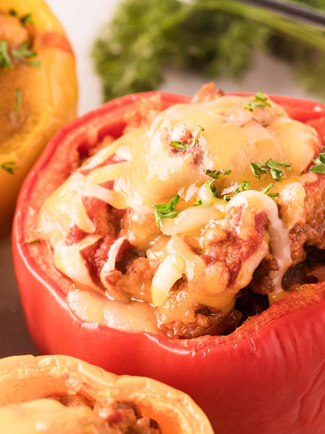 Closeup of a cheesy filled Stuffed Peppers.
