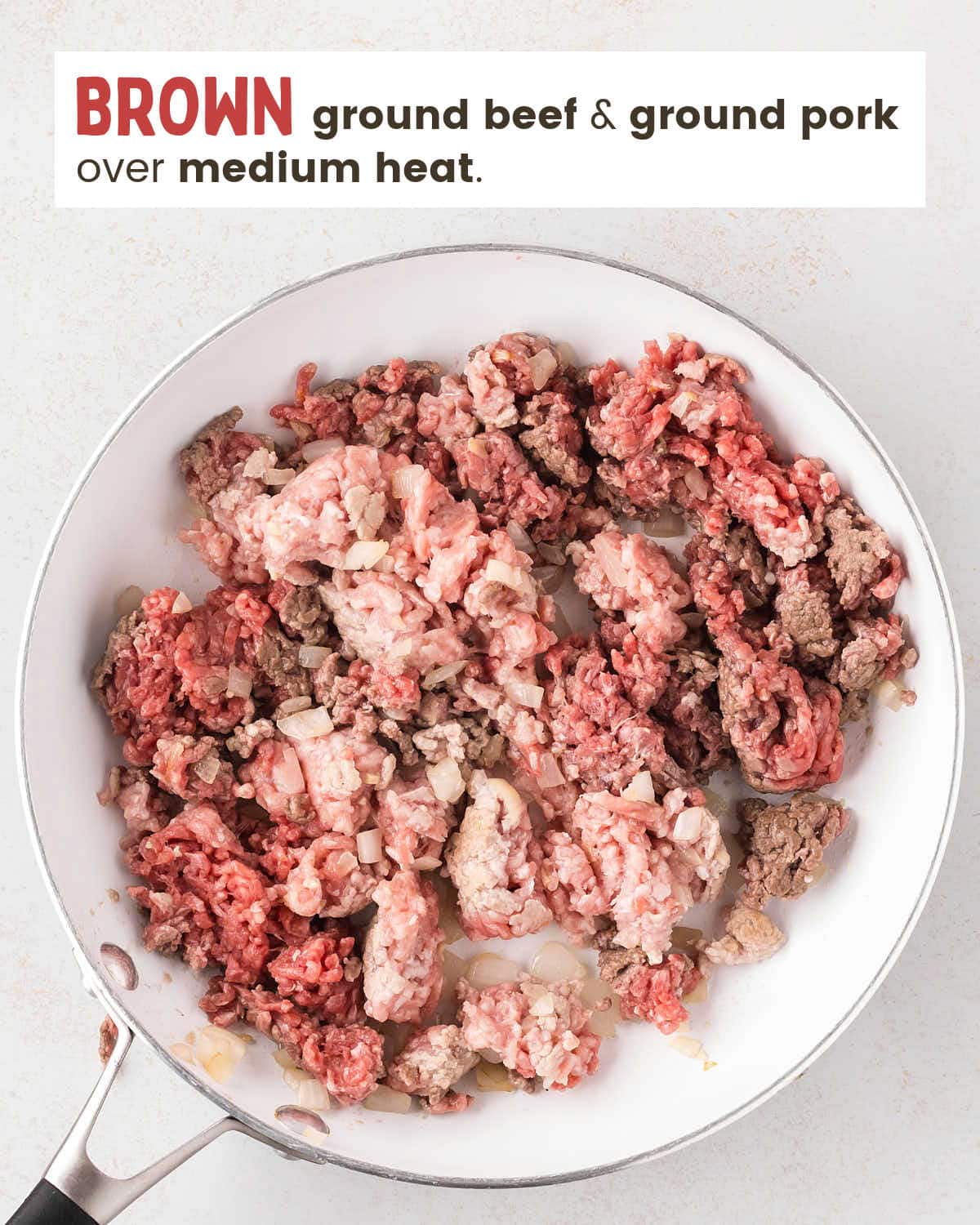 Ground beef and ground pork in a skillet.