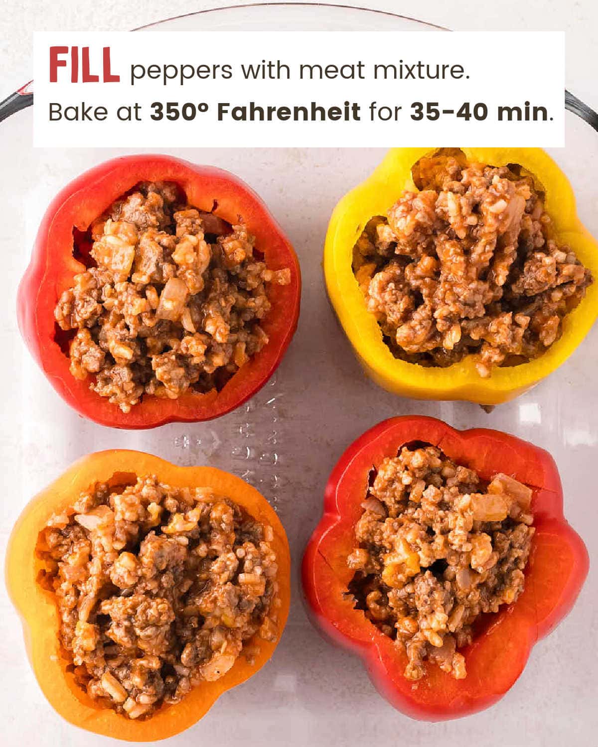 Stuffed bell peppers in a baking dish.