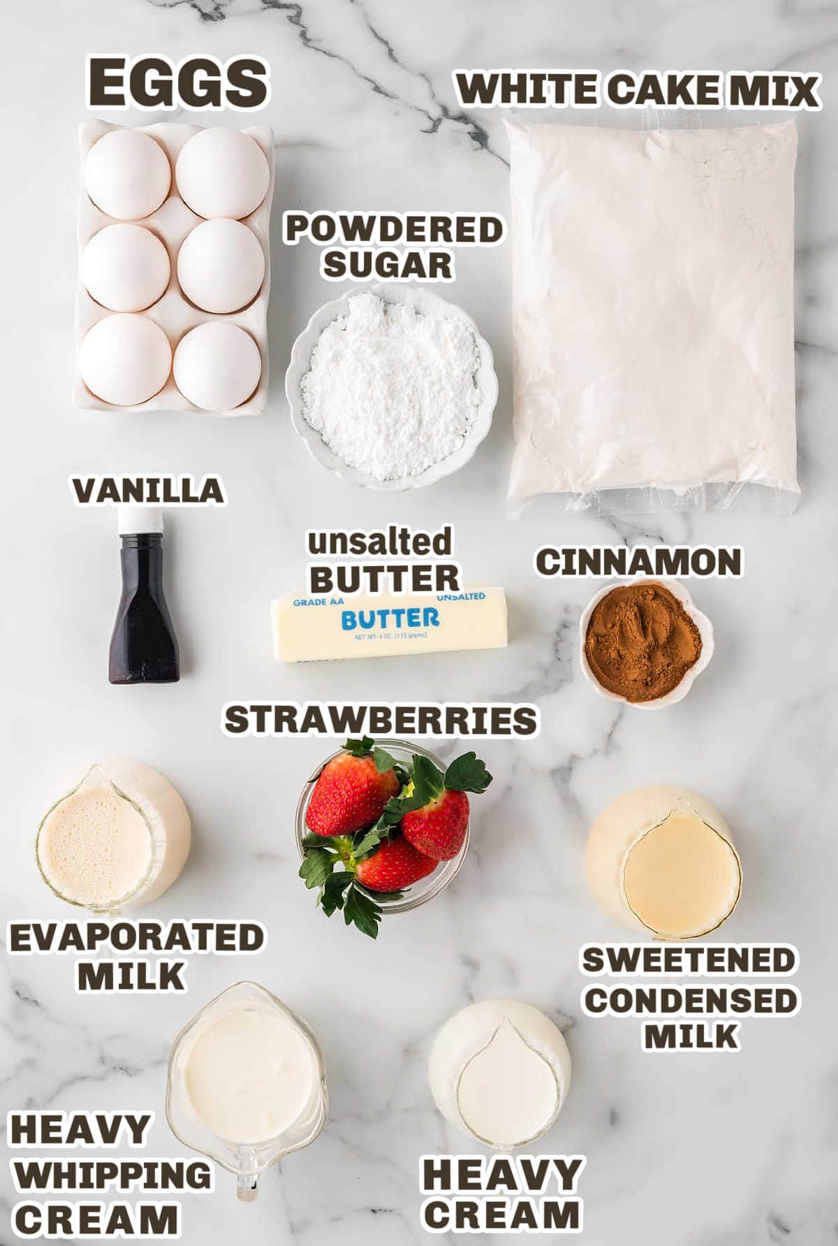 Ingredients needed to make a Tres Leche Cake.