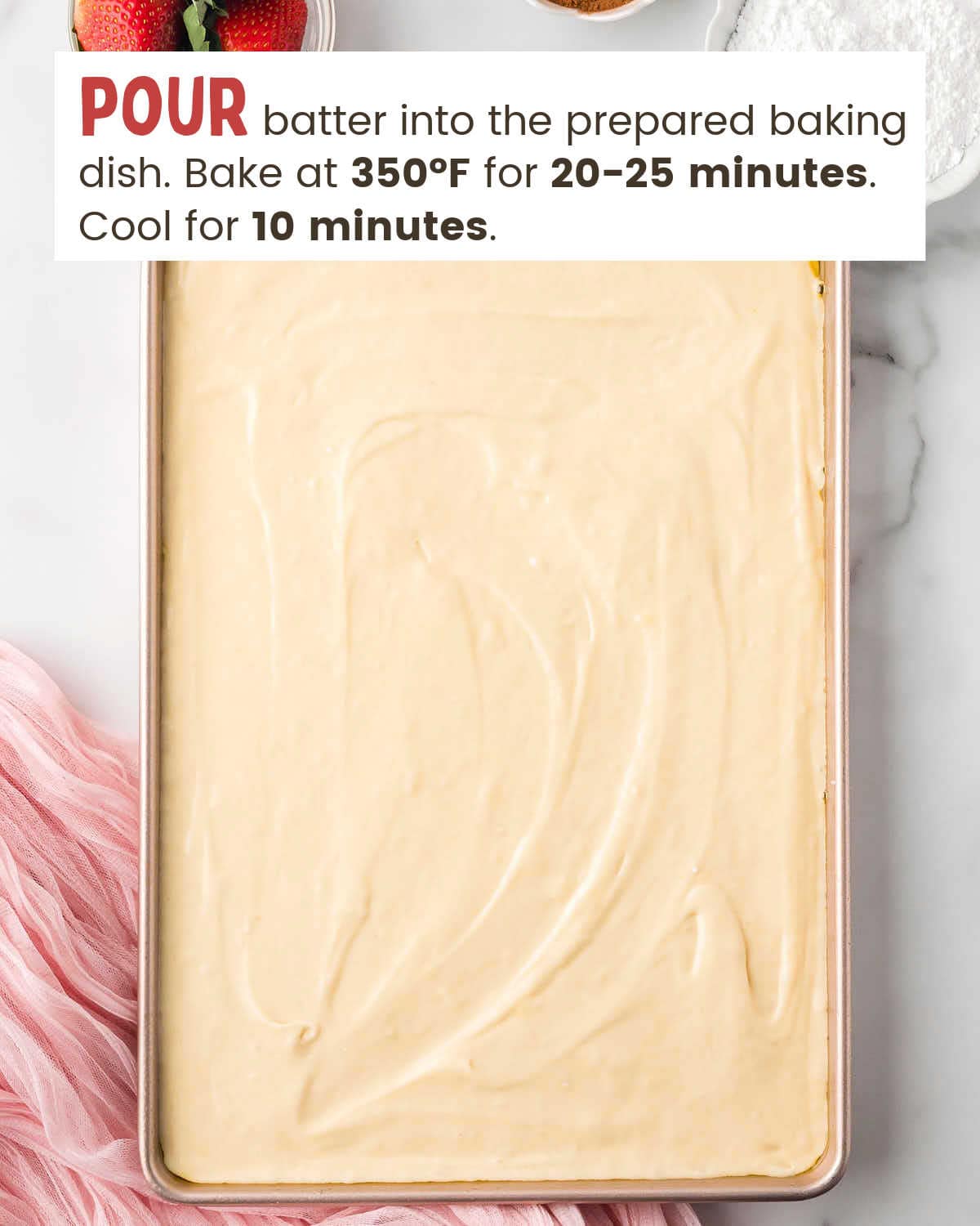 Cake batter in a baking dish.