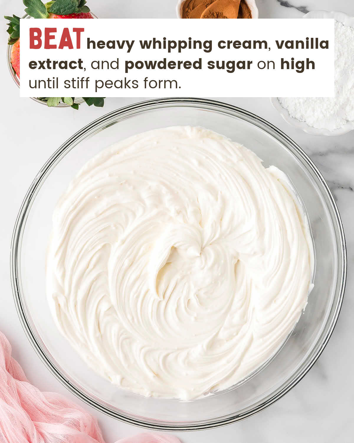 Homemade whipped cream in a bowl.