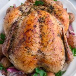 Topdown view of a roasted Greek chicken.