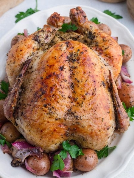 Topdown view of a roasted Greek chicken.