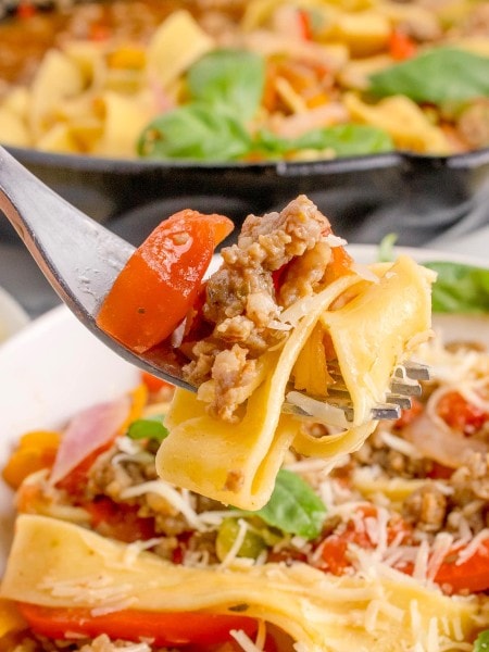 A forkful of Italian Drunken Noodles.