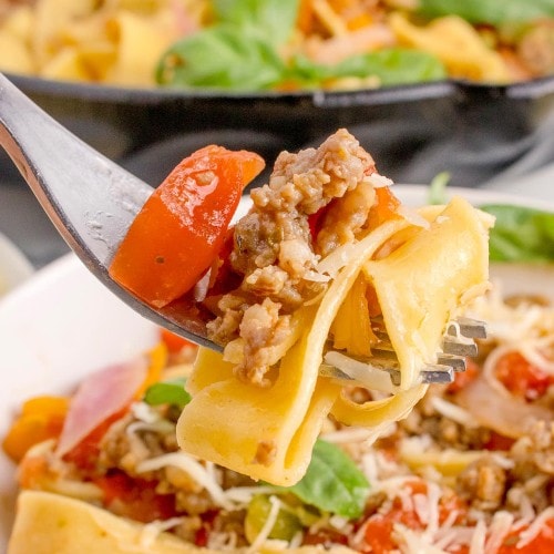 A forkful of Italian Drunken Noodles.