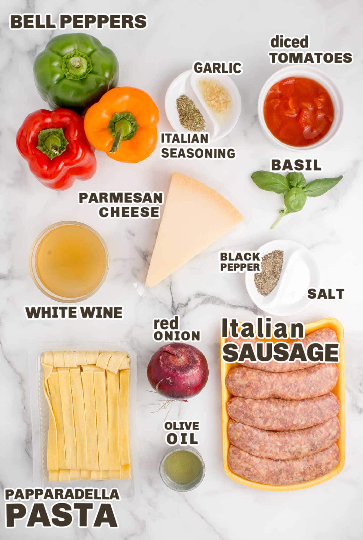 Ingredients needed to make Italian Drunken Noodles.