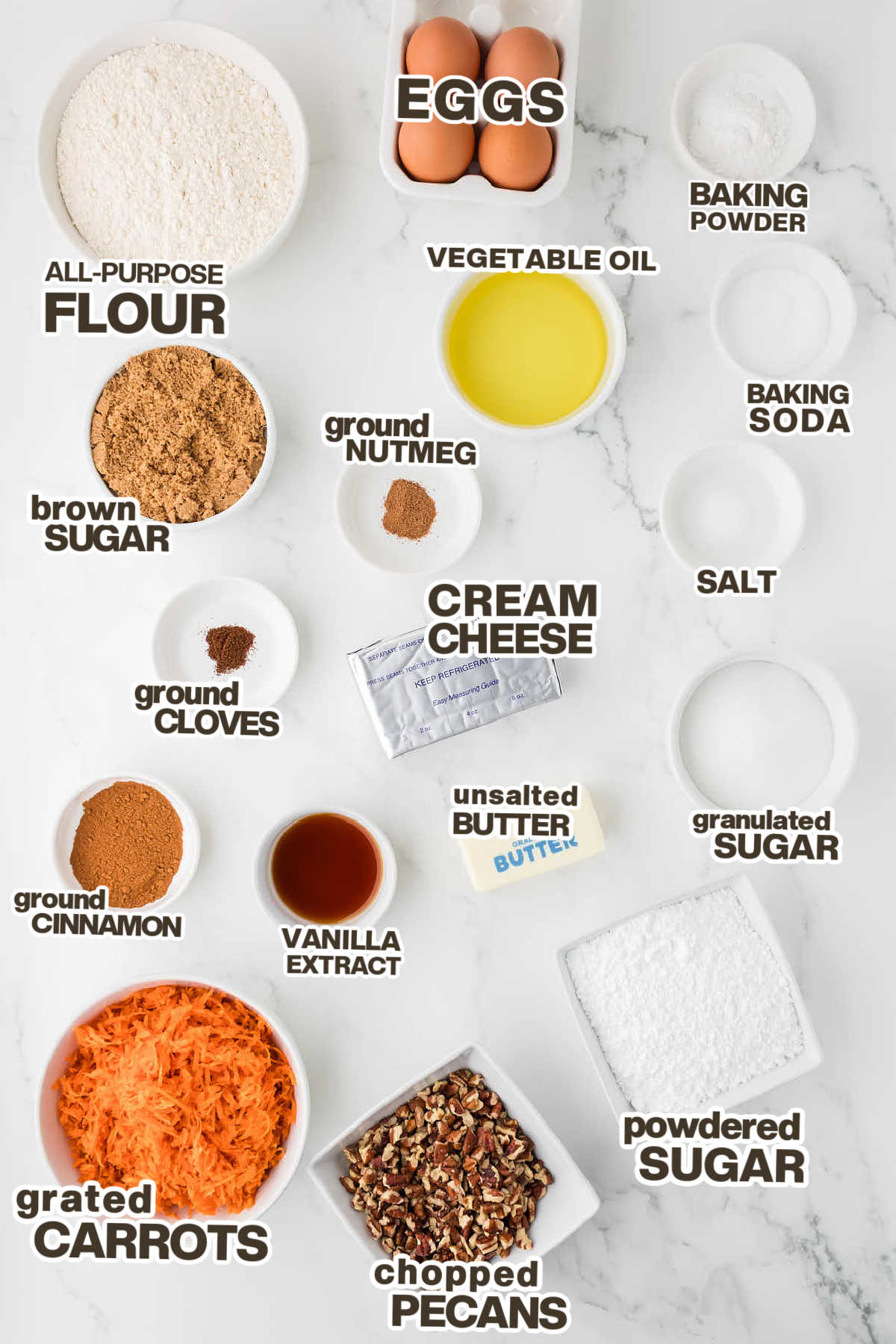 Ingredients needed to make a Carrot Cake.