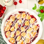 Topdown view of a Cherry Cobbler in a pie dish.