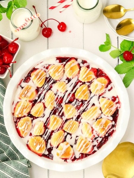 Topdown view of a Cherry Cobbler in a pie dish.