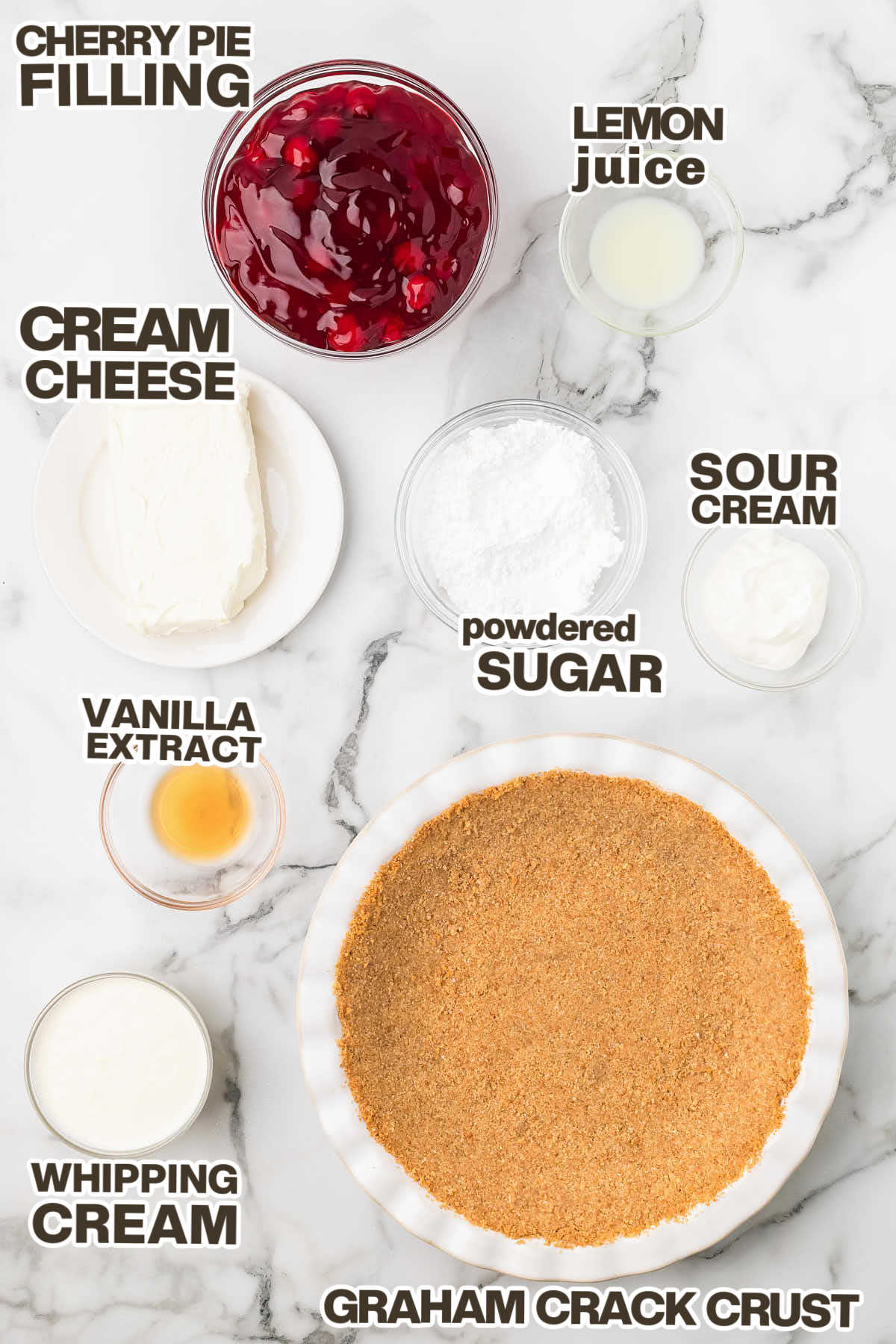 Ingredients needed to make no-bake Cherry Cream Cheese Pie.