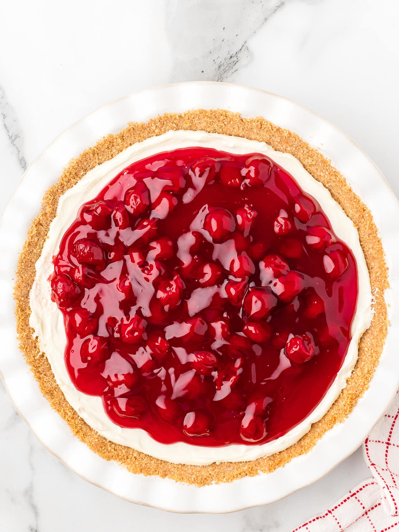 Top down view of a no-bake Cherry Cream Cheese Pie.