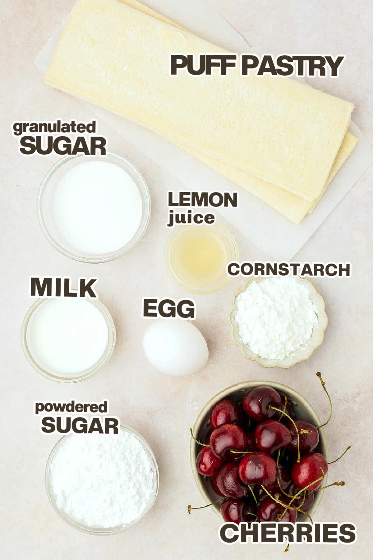 Ingredients needed to make Cherry Turnovers.