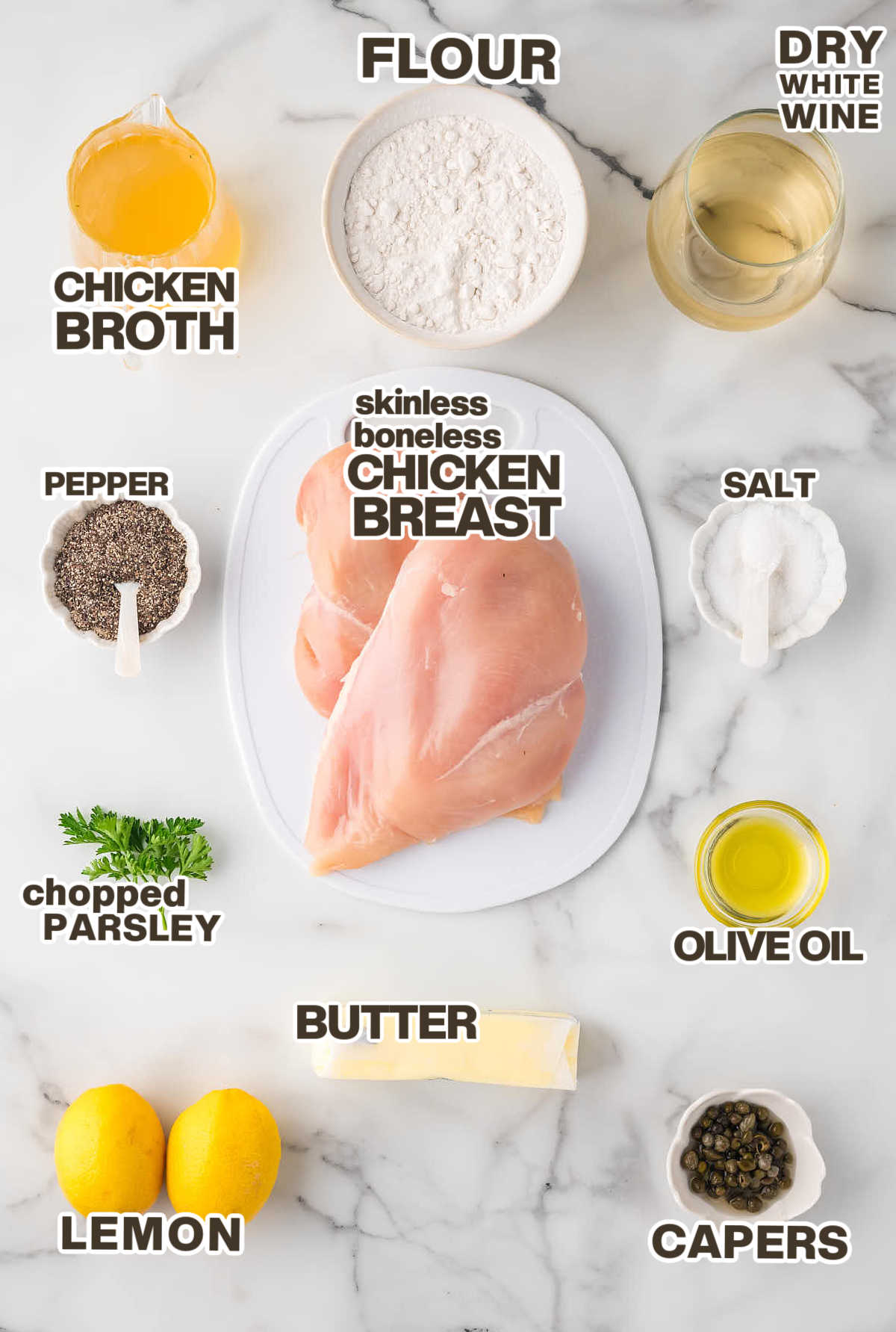 Ingredients needed to make Chicken Piccata. 