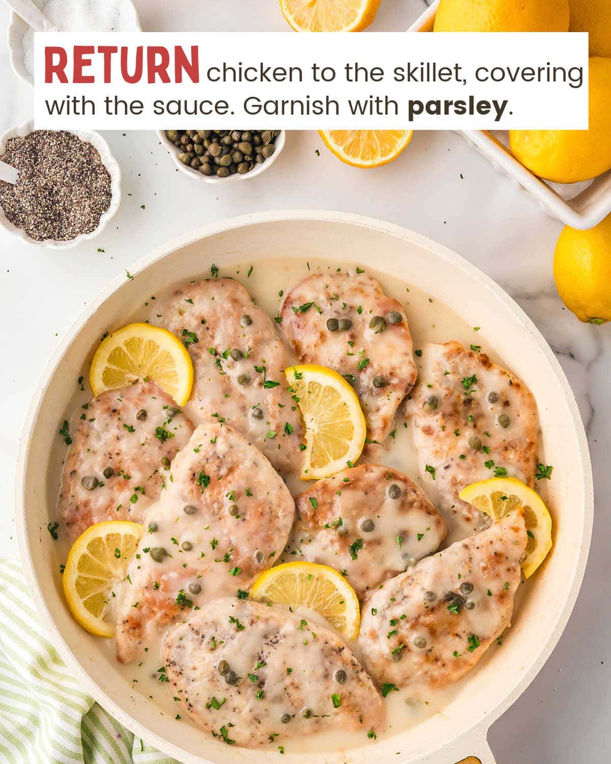 Chicken piccata in a skillet.