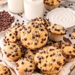 Freshly baked Chocolate Chip Muffins in a bread basket.