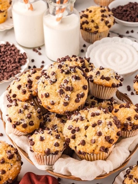 Freshly baked Chocolate Chip Muffins in a bread basket.