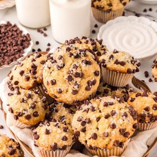 Freshly baked Chocolate Chip Muffins in a bread basket.