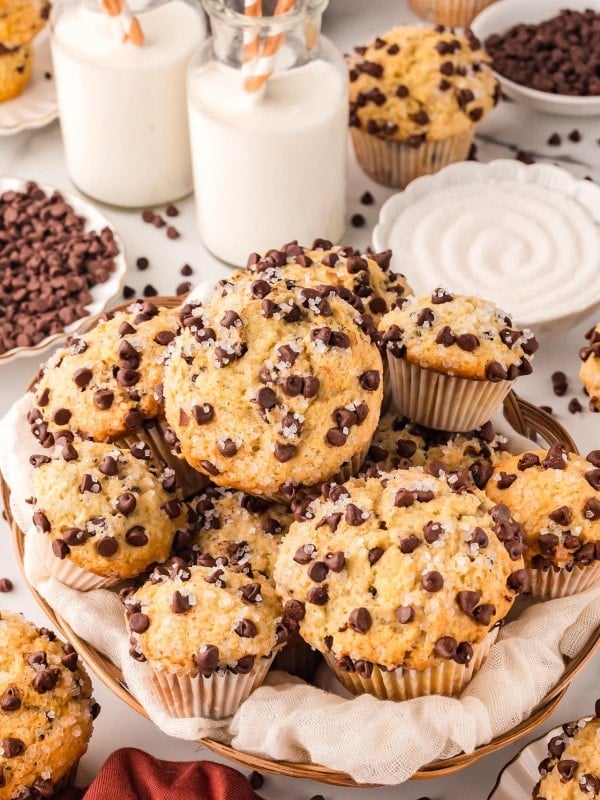 Freshly baked Chocolate Chip Muffins in a bread basket.