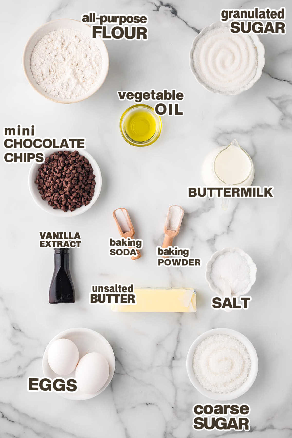 Ingredients needed to make Chocolate Chip Muffins.
