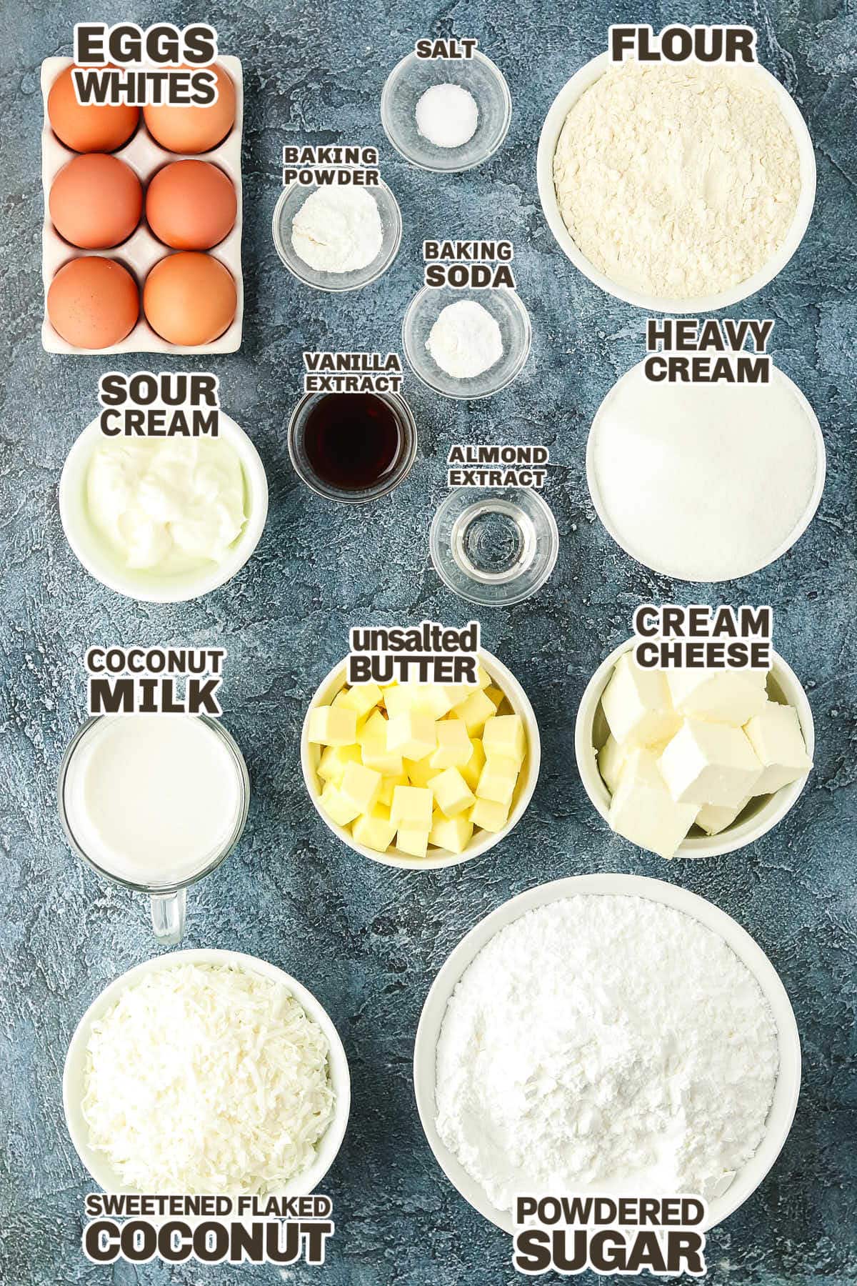 Ingredients needed to make Coconut Cake.