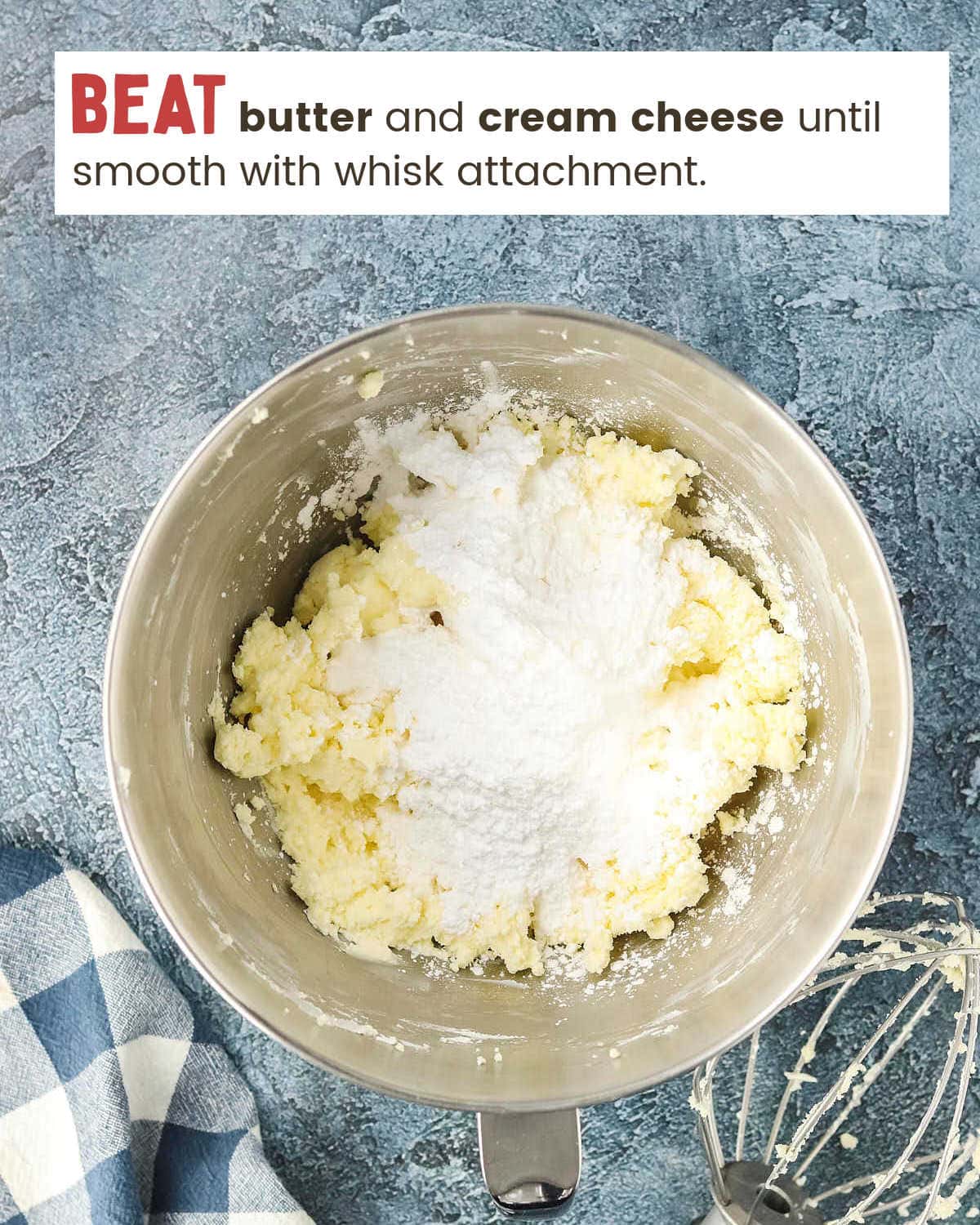Butter and cream cheese in a mixing bowl.