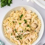 Top-down view of a bowl of Garlic Parmesan Chicken Pasta made in a Crock Pot.