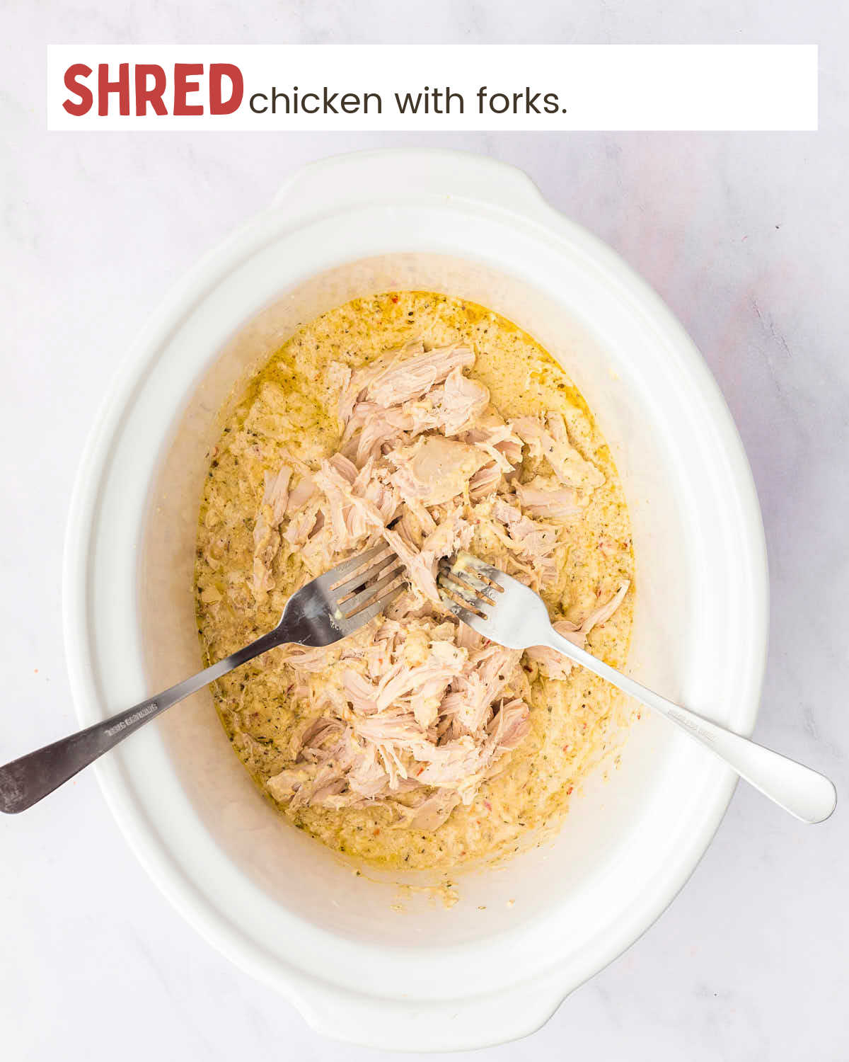 Two forks shredding chicken breasts covered with garlic parmesan sauce in a Crock-Pot.