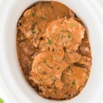Topdown view of Pork Chops in a Crock Pot.
