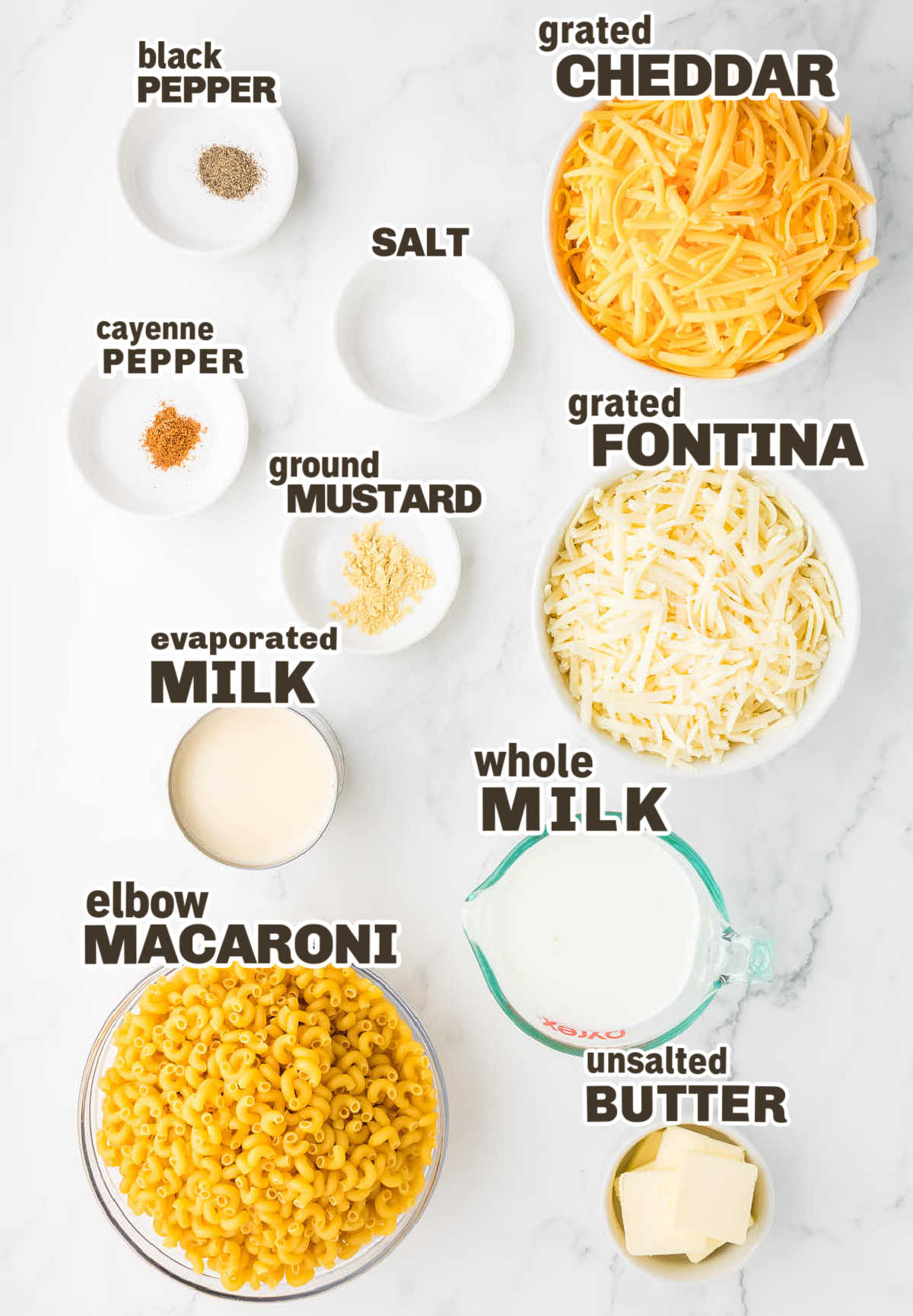 Ingredients needed to make Crockpot Mac and Cheese.