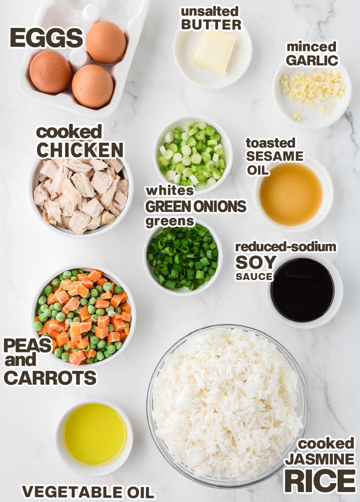 Ingredients needed to make Fried Rice with Chicken.
