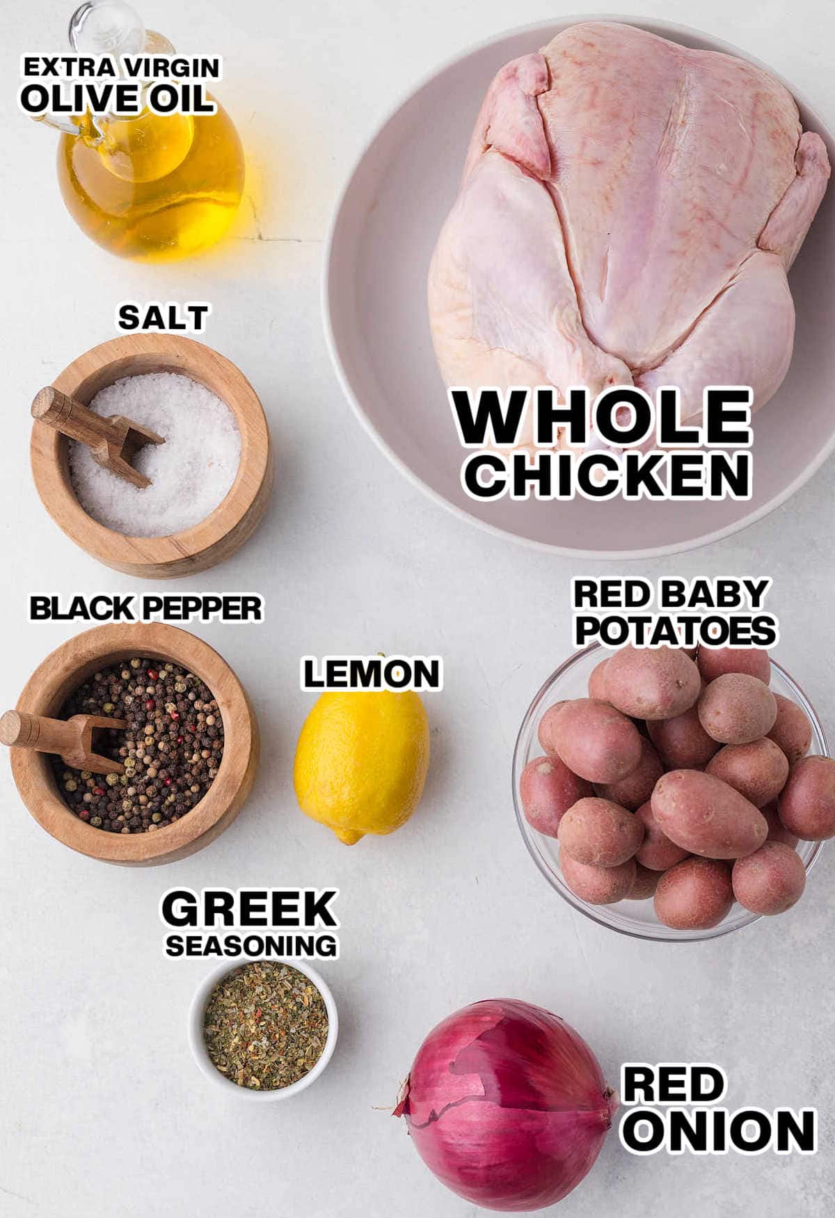 Ingredients needed to make Roasted Greek Chicken and roasted Greek Potatoes.