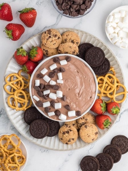 Hot Chocolate Dip topped with chocolate chip and mini marshmallows.
