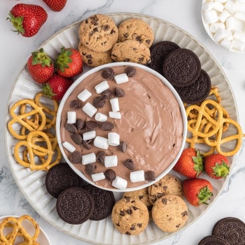 Hot Chocolate Dip topped with chocolate chip and mini marshmallows.