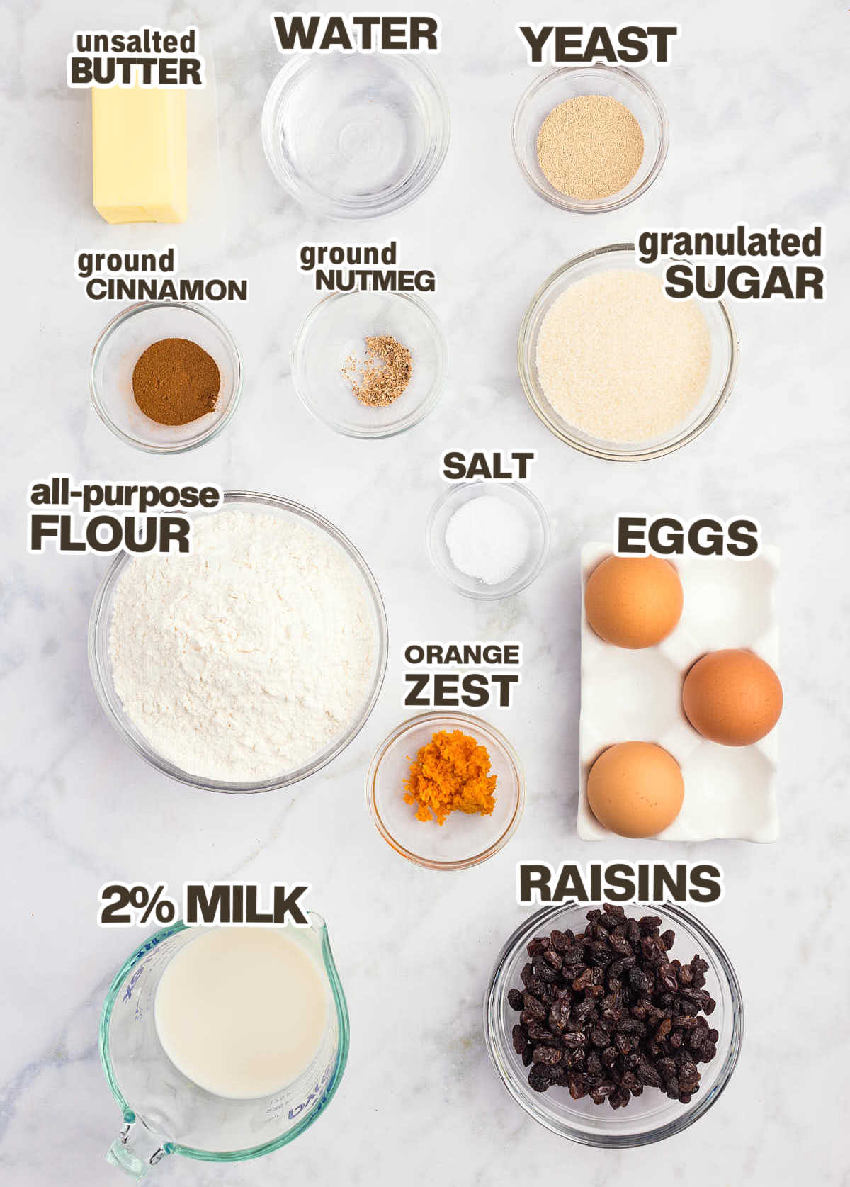 Ingredients needed to make classic Hot Cross Buns.