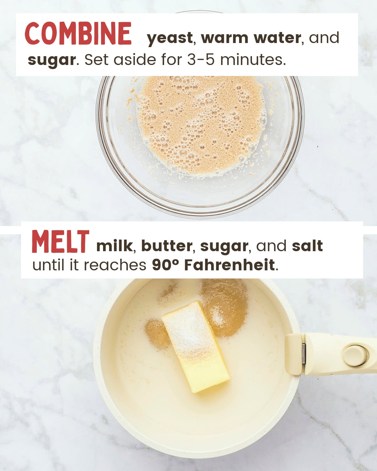Allow yeast to rise. And warm milk, butter, sugar, and salt until warm.