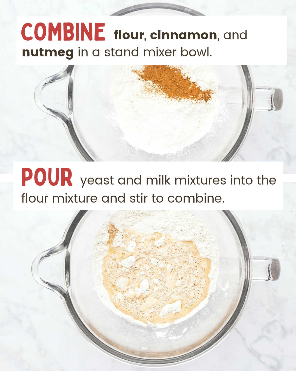 Combine dry ingredients and add yeast and butter mixtures.