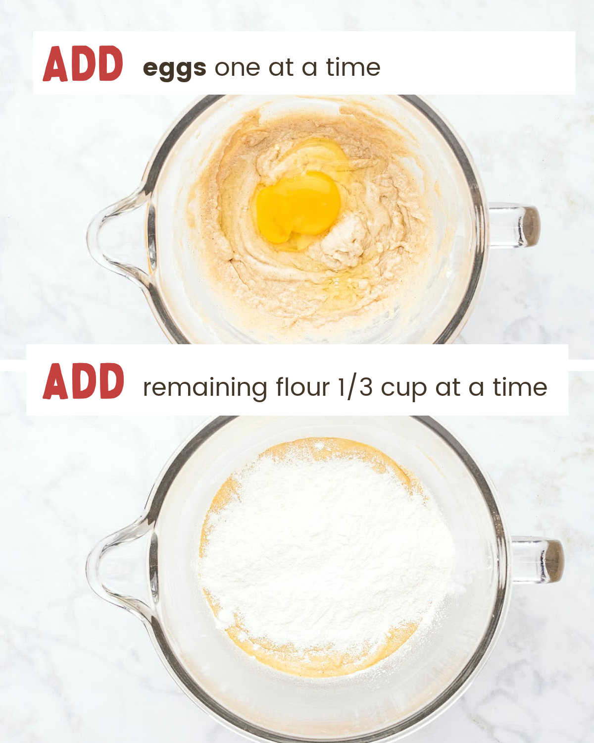 Add eggs and remaining flour to the dough.