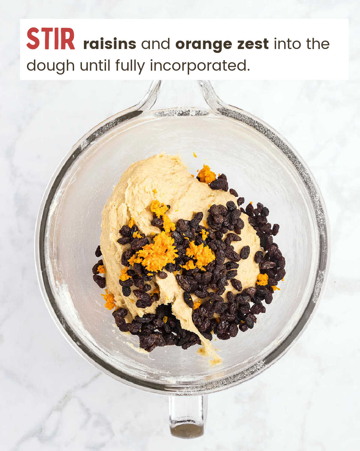 Add raisins and orange zest.