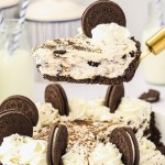 A slice Oreo Pie on a cake lifter hovering over the pie dish.
