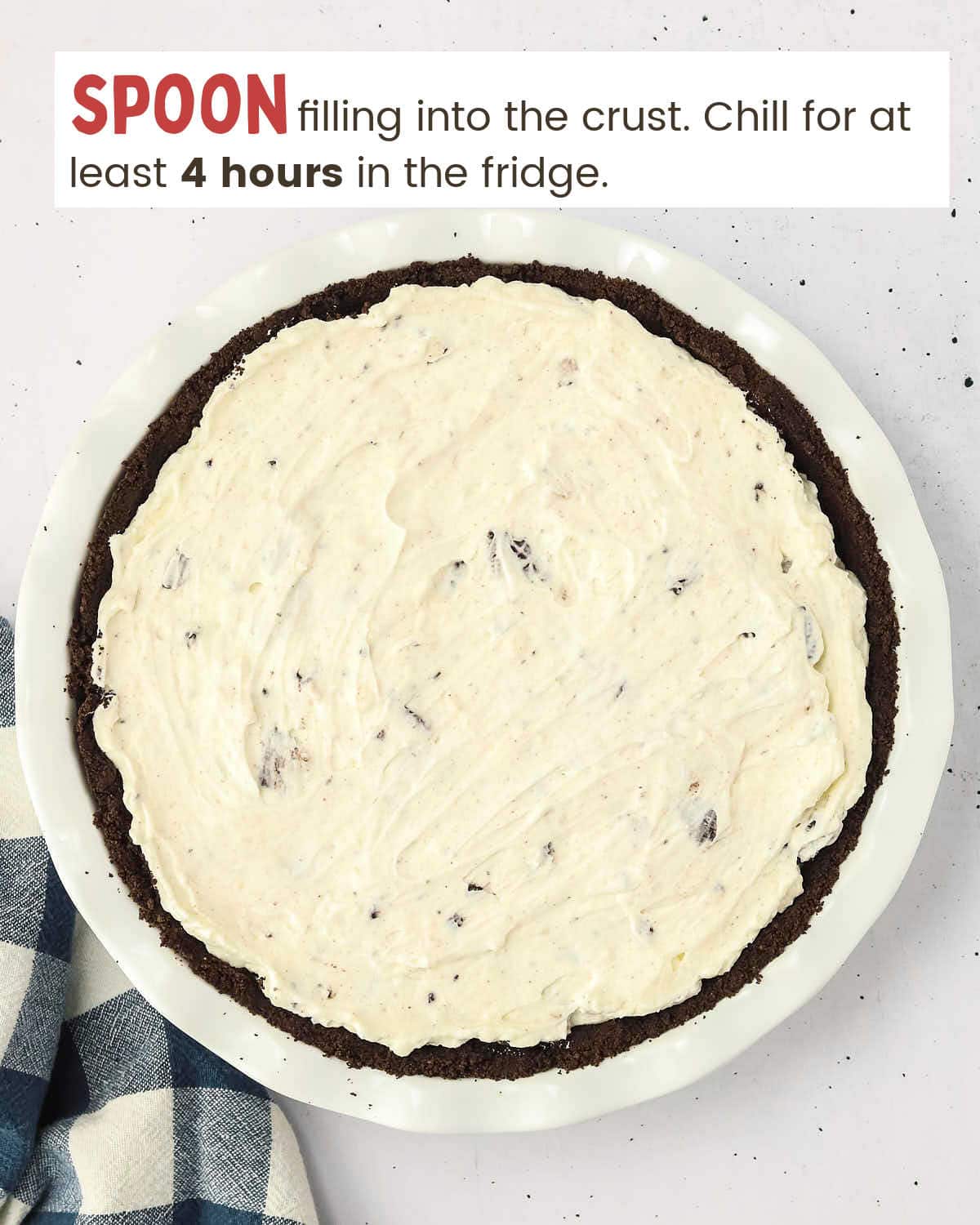 Oreo pie crust topped with a cream cheese filling.