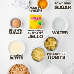 Ingredients needed to make a Pineapple Pretzel Salad.