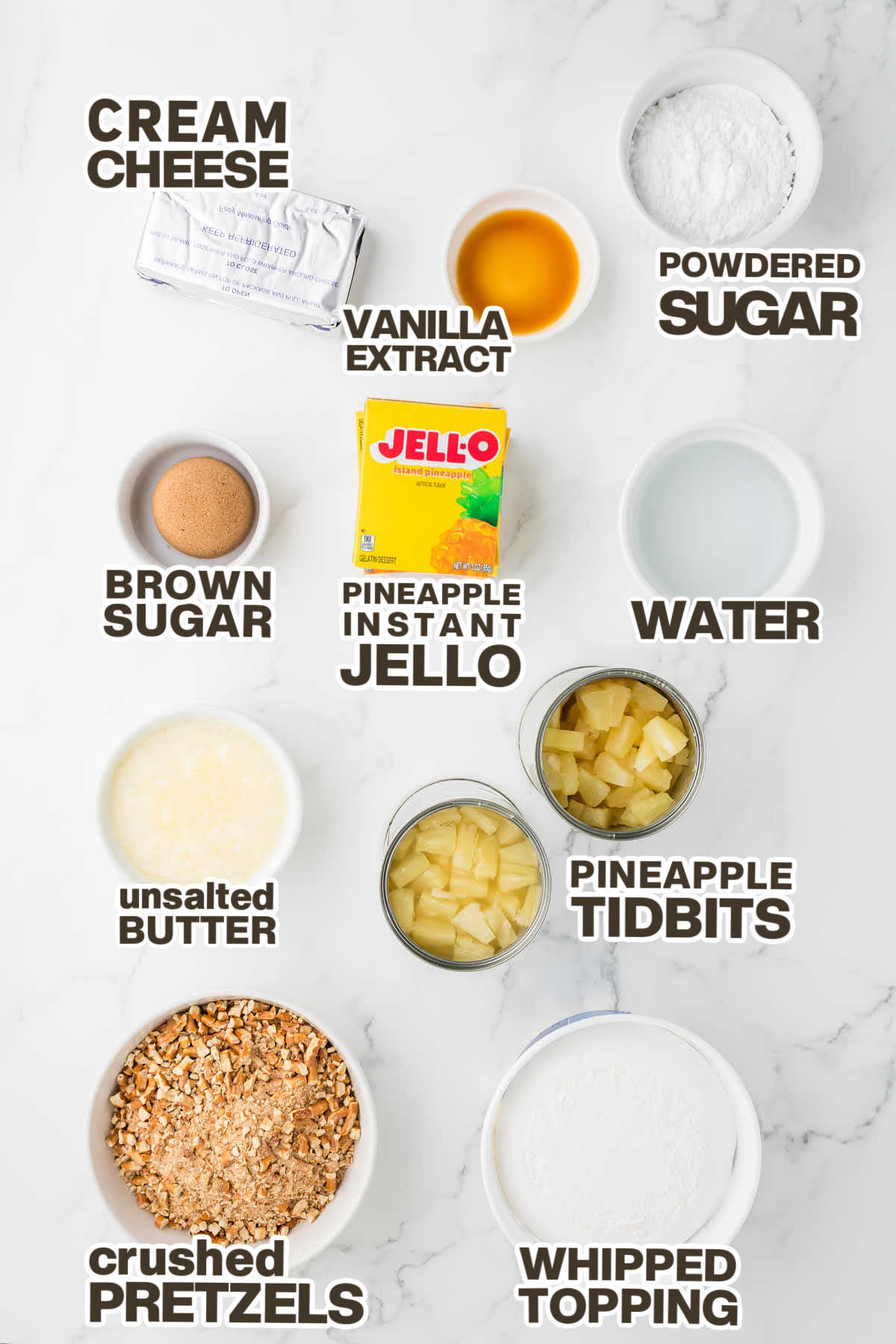 Ingredients needed to make a Pineapple Pretzel Salad.