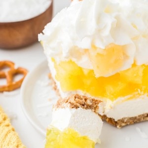 A forkful of Pineapple Pretzel Salad.