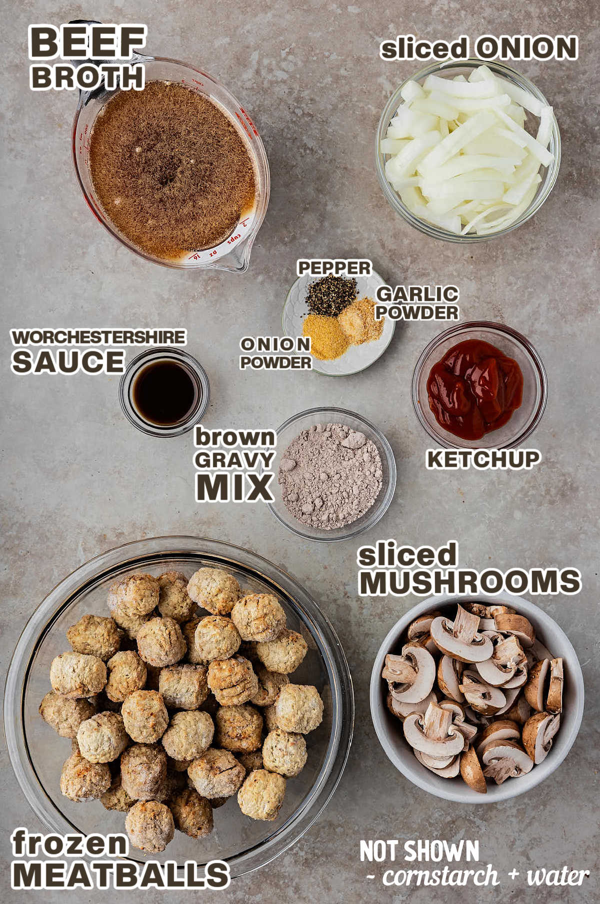 Ingredients needed to make Salisbury Steak Meatballs in the Crockpot.